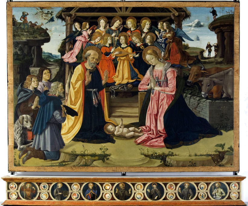 Bartolomeo Caporali (Perugia 1420 ca. -1503 -05) Adorazione dei pastori 0lio su tavola, cm 162,5 x 218,8 x 6