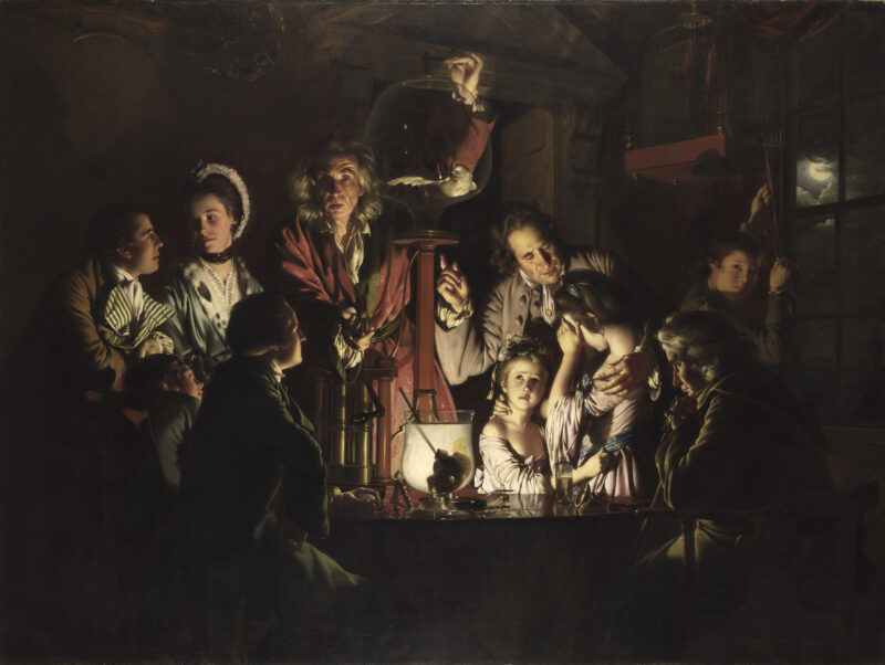 Joseph Wright of Derby (Derby 1934 – 1797) Esperimento su un uccello in una pompa pneumatica 1768 olio su tela The National Gallery. Londra