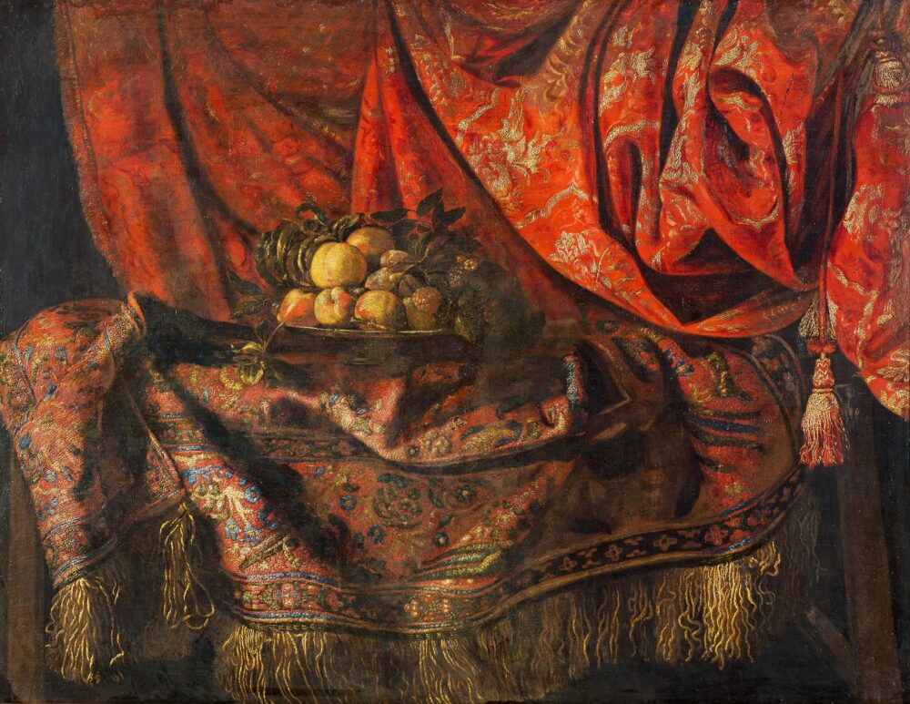 Francesco Fieravino, detto Il maltese - Canestro di frutta sopra un tappeto damascato, XVII sec.