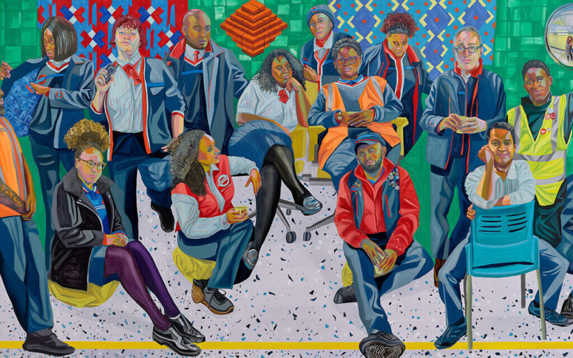 Aliza Nisenbaum. London Underground: Brixton Station and Victoria Line Staff, 2019. Oil on polyester, 74 3/4 x 142 1/8 in (190 x 361 cm). Courtesy the artist and Art on the Underground, London; Anton Kern Gallery, New York / © Aliza Nisenbaum