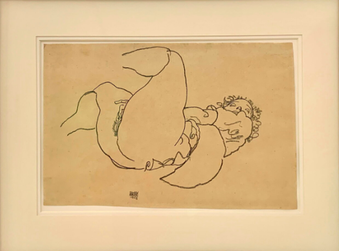EGON SCHIELE Reclining femal nude with raised legs, 1918 - Black crayon on paper - Wienerrolther & Kohlbacher Gallery