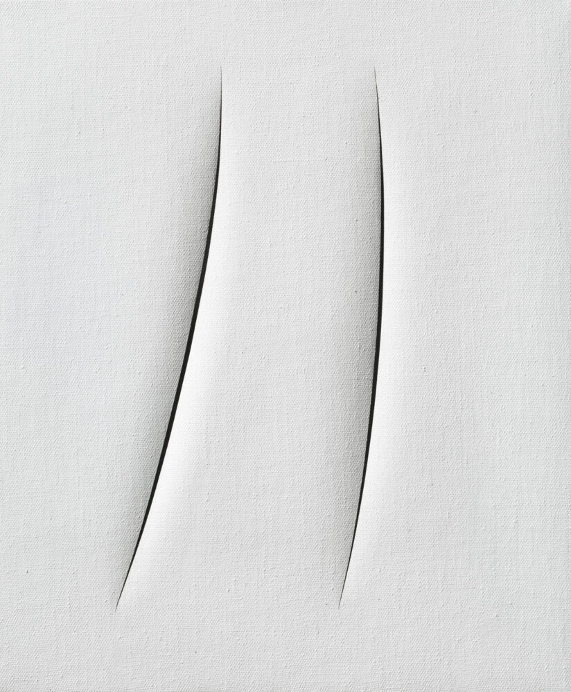 Lucio Fontana, Concetto spaziale, Attese, 1961, idropittura su tela, bianco, cm 55x46,5