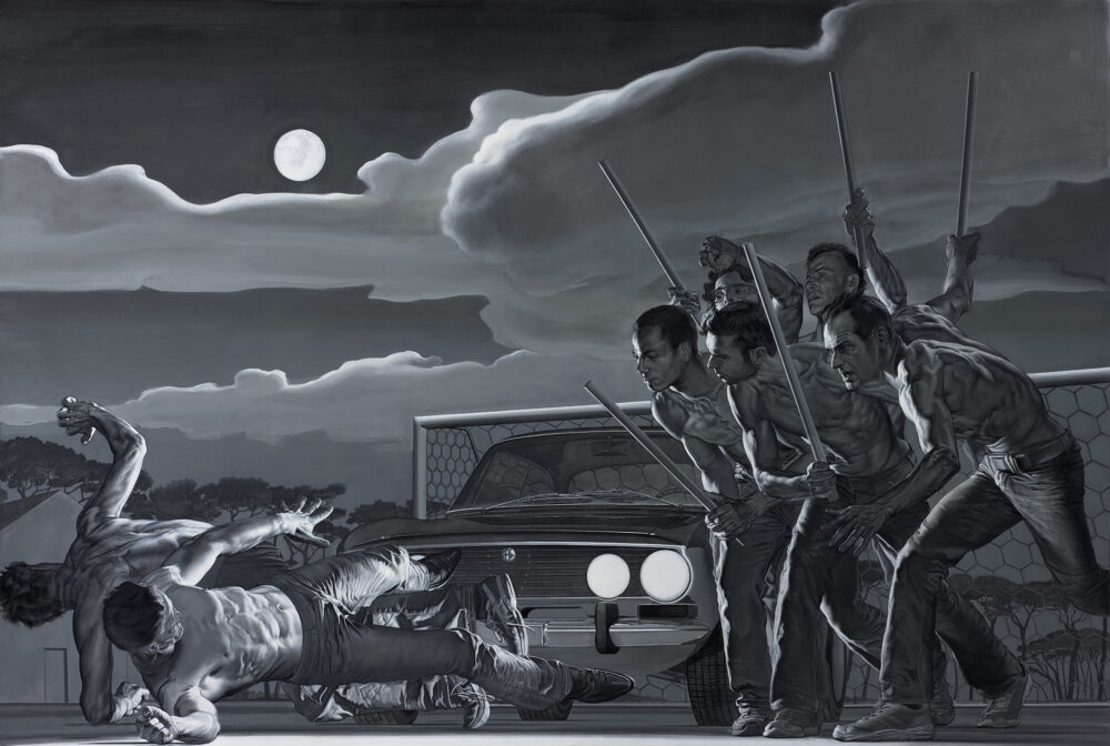 Nicola Verlato, P.P.Pasolini assassination, acrilico su tela, 152x228, 2015, collezione privata Copenhagen