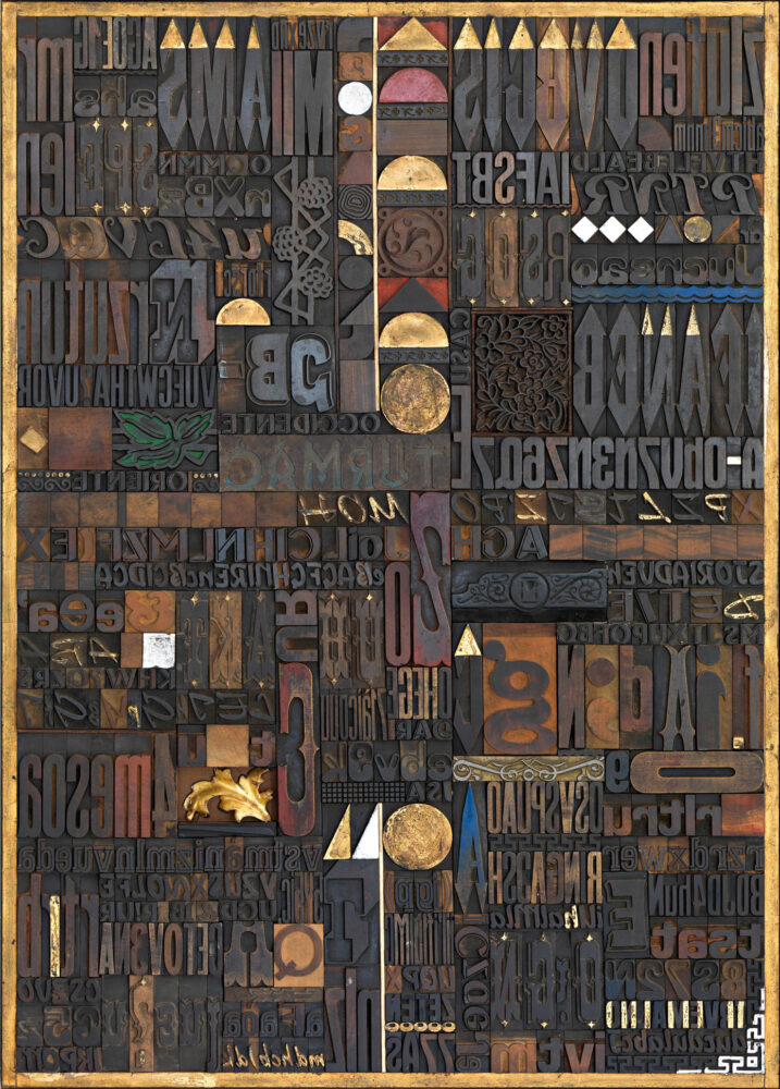 Giorgio Milani, ORIENTE OCCIDENTE, 2007, Assemblaggio di fregi e caratteri tipografici di legno, cliché di zinco, foglia oro e argento, cm 140 x 100