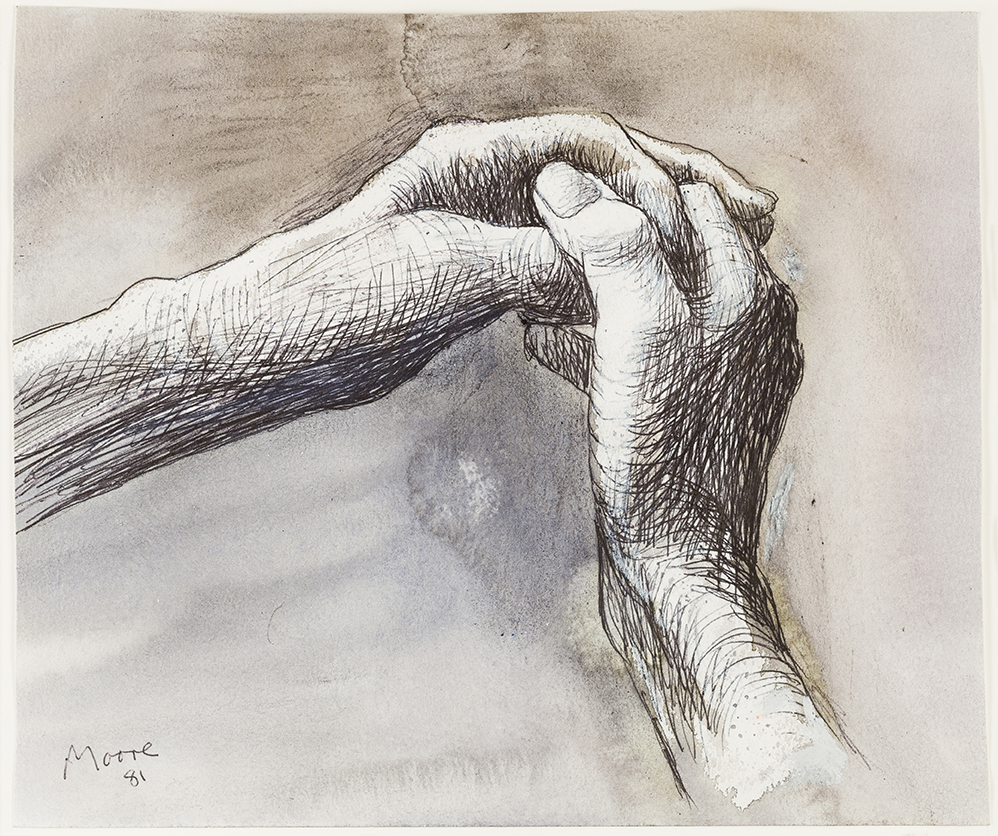 The Artist's Hands 1981 HMF 81(125) carbon line, ballpoint pen, wax crayon, watercolour wash, crayon, gouache 