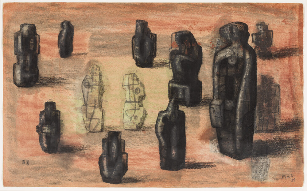 Stone Figures in a Landscape Setting 1935 HMF 1163 charcoal, pencil, wax crayon, pastel (rubbed and washed), pen and ink photo: Sarah Mercer