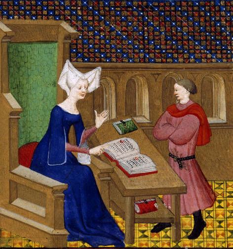 Christine De Pizan insegna al figlio in una miniatura medievale