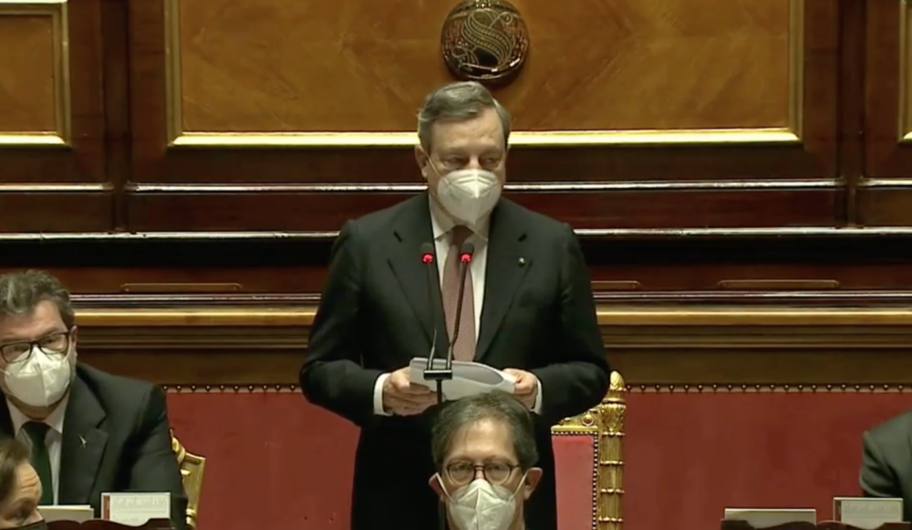 Mario Draghi durante il discorso di insediamento al Senato