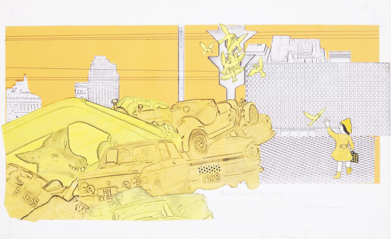 Bruno Munari, Cappuccetto giallo, 1971. Illustrazione e impaginazione per Cappuccetto giallo (ed. Einaudi, Torino, 1972. Collana “Tantibambini”, n. 12). Grafite, acquarello e collage su xerografia applicata su cartoncino, 350x420 mm.