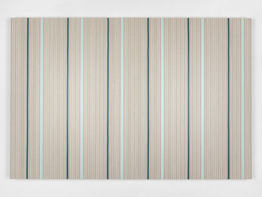 Vincenzo Merola, 108 Coin Flips and 12 Fixed Stripes, 2020, Pigmenti, gesso e acrilico su lino, cm 80×120
