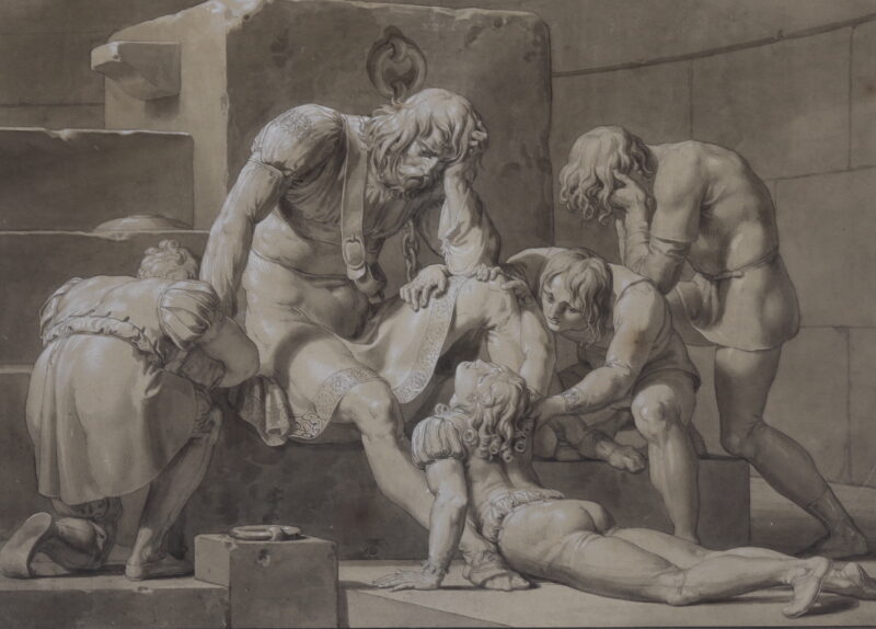 Pelagio Palagi (Bologna 1775 - Torino 1860), Il conte Ugolino imprigionato con i figli, penna, inchiostro bruno, biacca e acquerello su carta, mm 380x533. Stima: 1.000 - 1.500. Venduto a: 20.000 euro