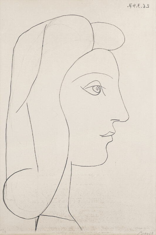 Lotto 41 - Pablo Picasso, Profile de femme, 1947, litografia es.41/50 su carta Arches, firmata a matita in basso a destra, datata 26/3/47 al rovescio in alta a destra, 56x38 cm. Stima 2.000-3.000 euro