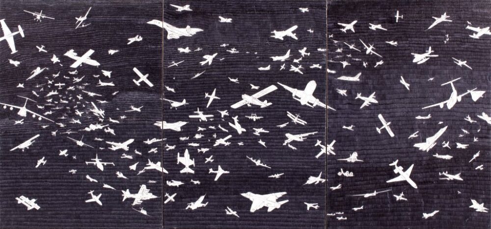 Alighiero Boetti, Aerei (1992), penna biro su carta, 3 elementi cm 70x50 (cad.). Stima € 300.000/400.000