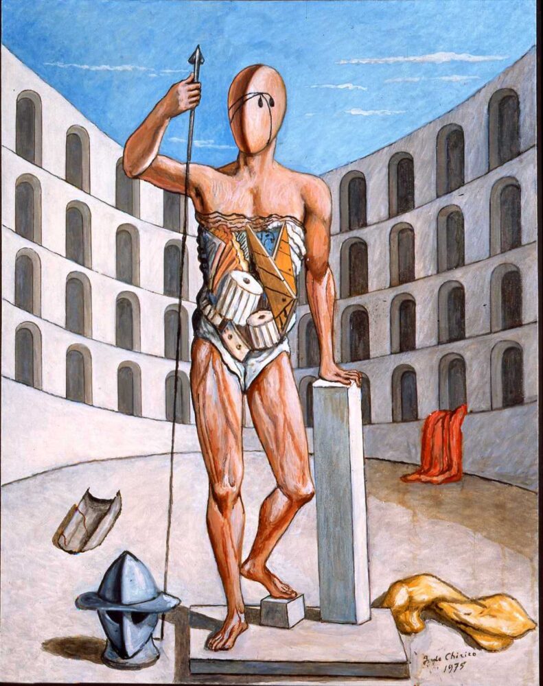 Gladiatore nell’arena, 1975, olio su tela, cm. 90 x 70, Fondazione Giorgio e Isa de Chirico, Roma