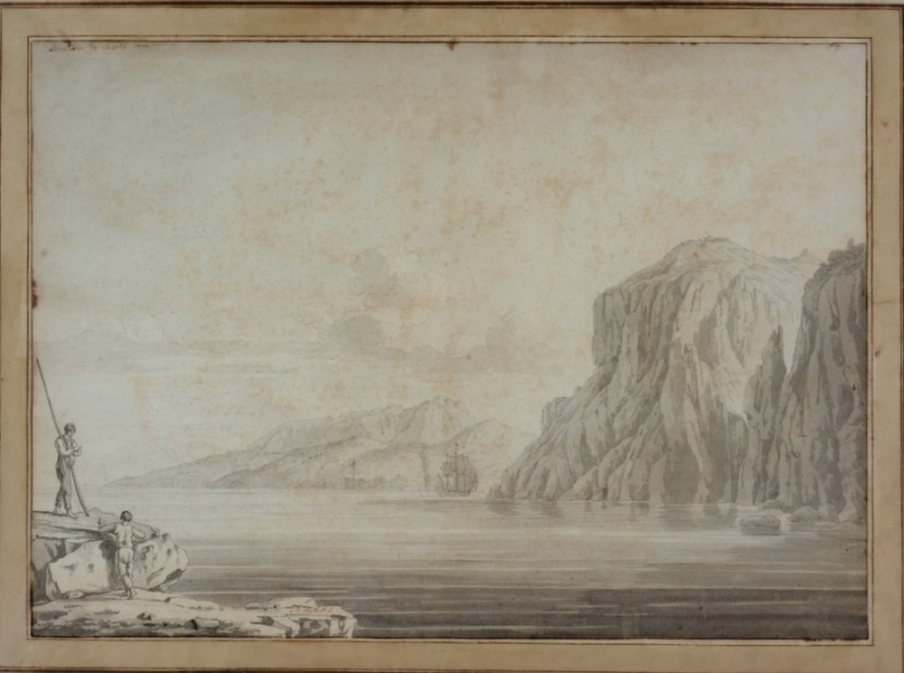 JAKOB PHILIPP HACKERT (Prenzlau, 1737 - San Pietro di Careggi, 1807), Veduta di Capri da Marina Grande verso la Punta di Tiberio, Firmato in basso a sinistra e localizzato e datato Sur l'Isle de Capria 1770 in alto a sinistra, Gesso nero e acquerello grigio e matita al piombo su carta, cm 37,3X52,5. Stima € 1.500 - 2.500