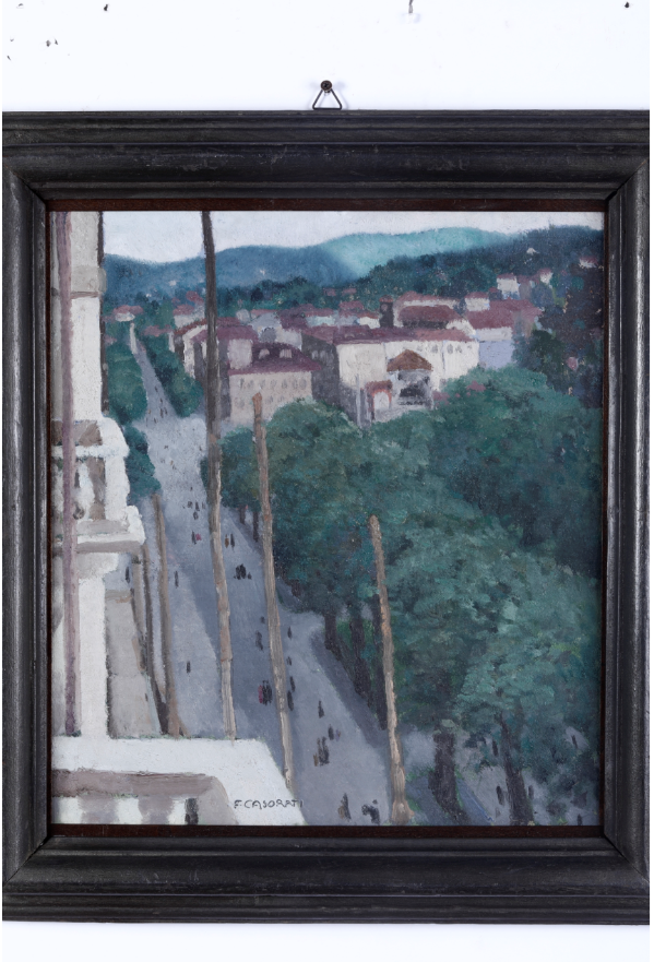 Felice Casorati (1883-1963) Corso Vittorio Emanuele olio su tavola, cm 41x38 fi rmato in basso al centro, siglato al retro Timbro al retro della Mostra Felice Casorati nelle Collezioni Genovesi, La Rinascente, Genova, 1963 Stima: 20.000 - 30.000 eur