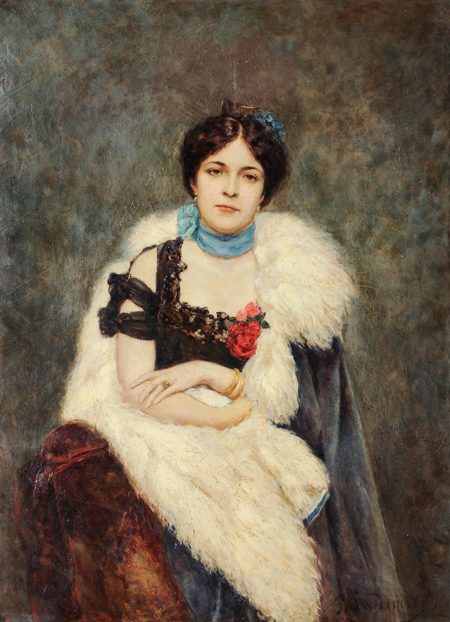 Pavel Alexandrovich Svedomsky (San Pietroburgo 1849 - Davos 1904) Ritratto di Anna Nikolaevna Kutukova, consorte di A.A. Svedomsky olio su tela, cm 120x87, fi rmato in basso a destra Stima: 10.000 - 12.000 euro