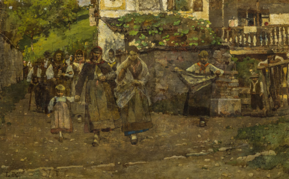 LUIGI NONO (Fusina, 1850 - Venezia, 1918), Ritorno dalla messa, Firmato L IX in basso a sinistra, Olio su tela cm, 43X69. Stima € 8.000 - 10.000