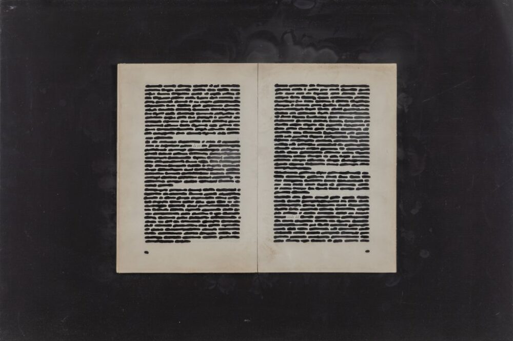 Emilio Isgrò, Vitale (1972), libro su tavola in teca di plexiglass cm 40x60. Stima € 20.000/25.000
