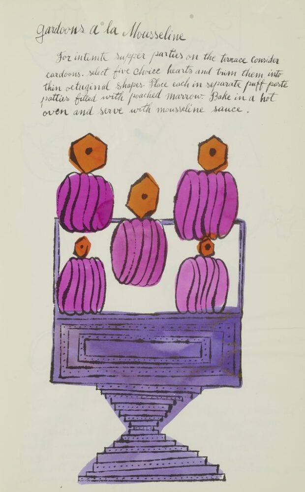 Andy Warhol and Suzie Frankfurt, Wild Raspberries (1959), recipe for “gardoons a la Mousseline.” Photo courtesy of Bonhams New York.