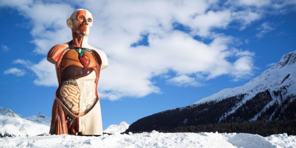 Damien Hirst, Temple, 2008. Installed in St. Moritz, 2021. Photographed by Felix Friedmann ©Damien Hirst and Science Ltd. All rights reserved, DACS 2021