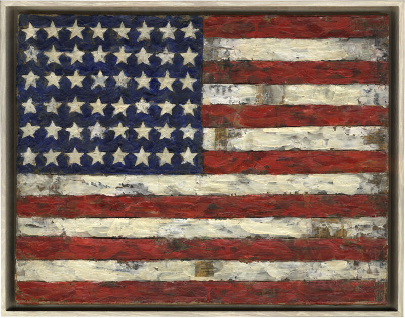 Elaine Sturtevant John’s Flag , 1966 Encaustic and collage on canvas mounted on b oard , 34 x 44 cm Collection Thaddaeus Ropac, London/Paris/Salzburg © Sturtevant Estate, Paris Image: © Sturtevant Estate, Paris; Photo: Ulrich Ghezz