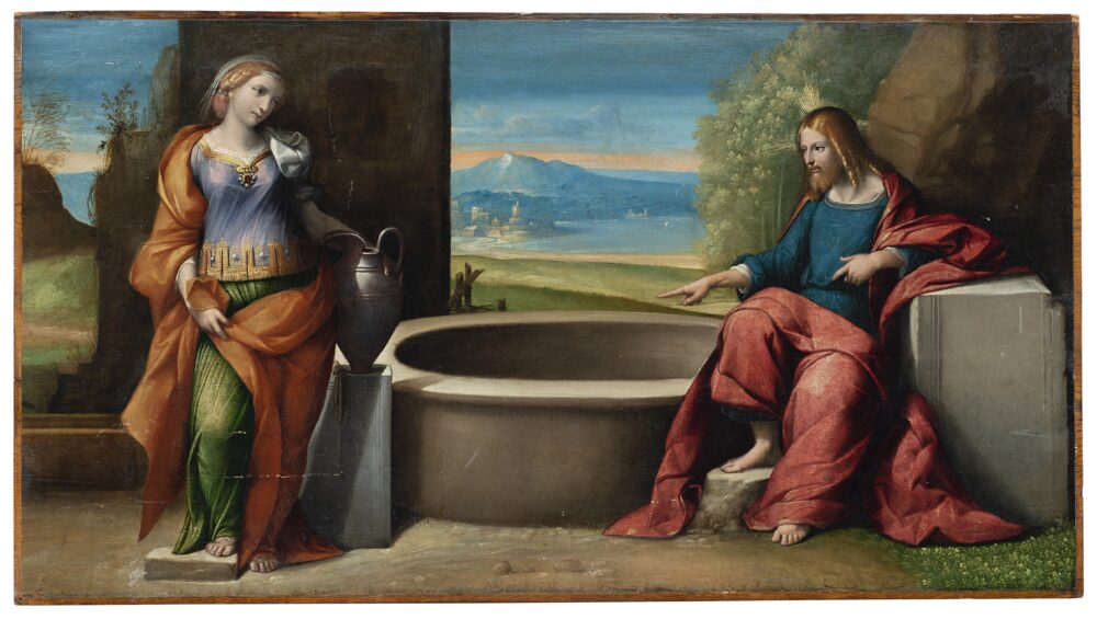 Lotto 150 Benvenuto Tisi, detto il "Garofalo" (Ferrara, 1481 - 1559) Cristo e la samaritana al pozzo Olio su tavola, cm 56x102 Valutazione: € 22.000 - 28.000