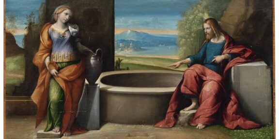 Lotto 150 Benvenuto Tisi, detto il "Garofalo" (Ferrara, 1481 - 1559) Cristo e la samaritana al pozzo Olio su tavola, cm 56x102 Valutazione: € 22.000 - 28.000