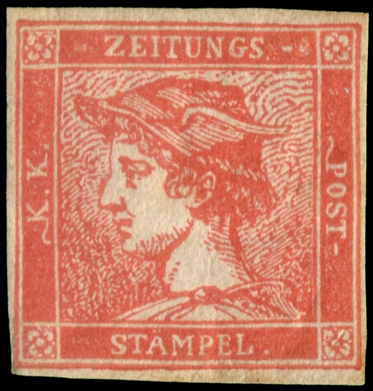 Lotto 2468 AUSTRIA/LOMBARDO-VENETO 1856 Giornali "Mercurio". (30c.) rosso vermiglio, il "Mercurio Rosso" (Zinnoberroter Merkur) è uno dei francobolli più rari e ricercati di tutta la filatelia classica mondiale. Cert. A. Diena, G. Bottacchi, Behr, U. Ferchenbauer. Firma R. Mondolfo. Valutazione € 35.000 - 40.000