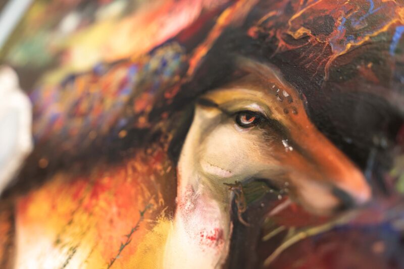Chiara Calore, Eden #1 (det.), 2021, pigment, oil, tempera and spray on canvas, 180 x 296 cm, ph. Studio Mion