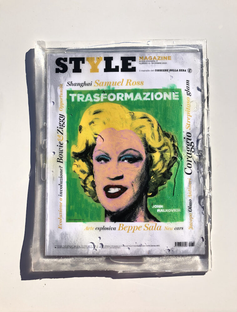 Carlo Marcuccy, Being John Malkovich, Dicembre 2020. Style Magazine n.12, Pastelli a olio su rivista in resina epossidica, 25x33x1cm. Courtesy l’artista