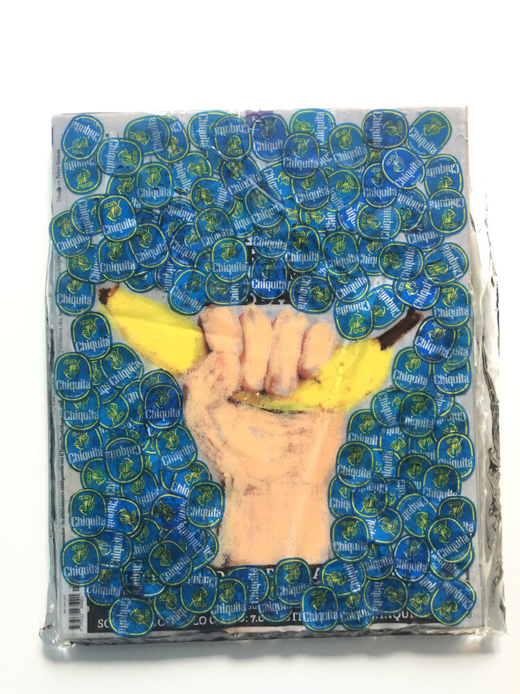 Carlo Marcuccy, Chiquita Millennium, Settembre 2020. Millennium n.38 Anno 4, Pastelli a olio e adesivi Chiquita su rivista in resina epossidica, 25x30x1,5cm