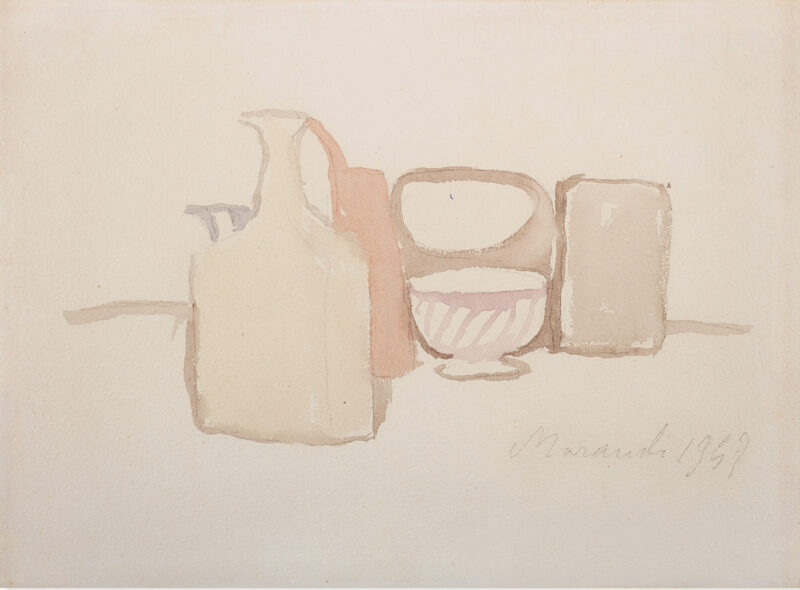 GIORGIO MORANDI, "Natura morta" 1947, acquerello su carta cm 25x33,8. Firmato e datato 1947 in basso a destra. Provenienza Collezione Guido Sinigaglia, Torino Eredi Sinigaglia, Torino. Valutazione € 40.000 - 60.000