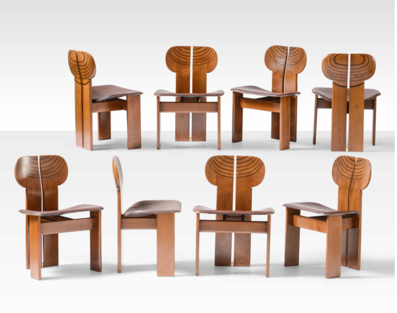 Afra e Tobia Scarpa Otto sedie mod. Africa della serie Artona con struttura in legno di noce massello e sedile in compensato curvato rivestito in pelle. Prod. Maxalto, Italia, 1970 ca. cm 57x45x78 Stima: 6.000 - 8.000 euro Venduto a: 34.000 eur