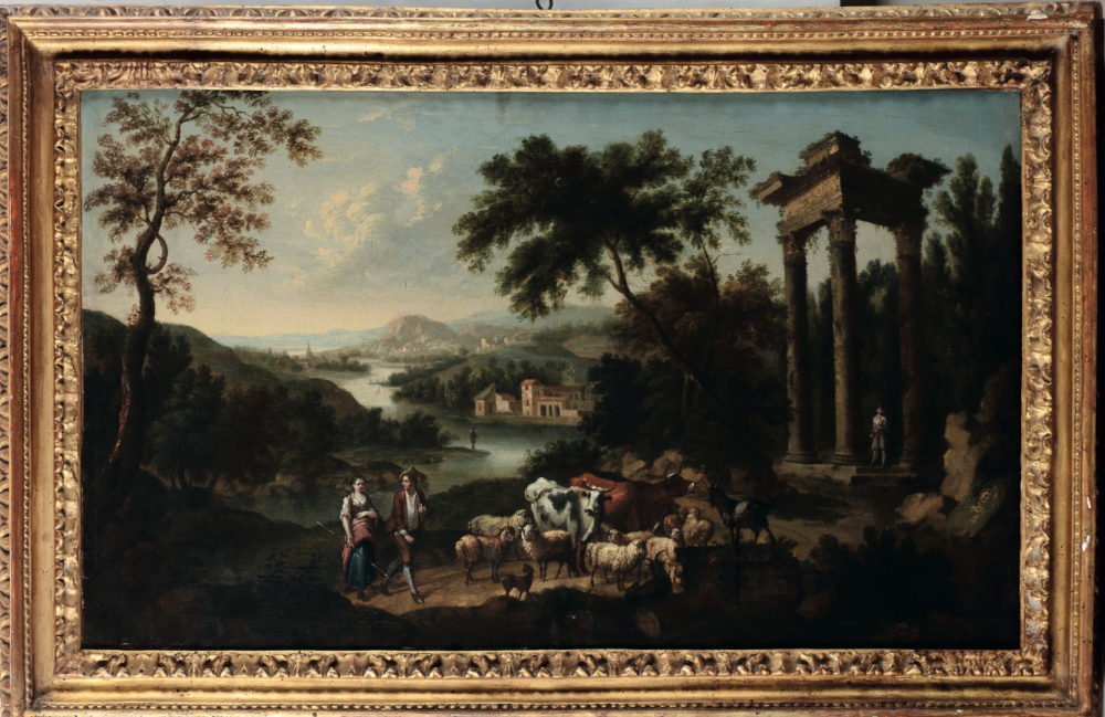 Tommaso Porta (Brescia 1686 o 1689 - Verona 1768) Paesaggio fluviale con pastori, armenti e rovine classiche STIMA: EUR 5.000,00 - 7.000,00