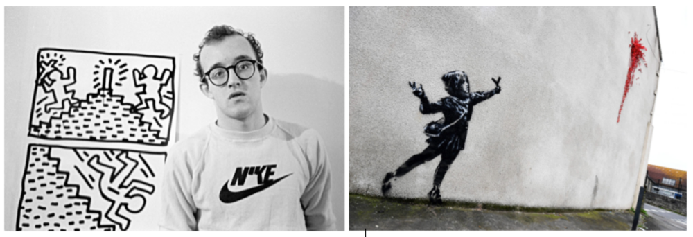 Keith Haring con i suoi lavori, e un'opera di Banksy