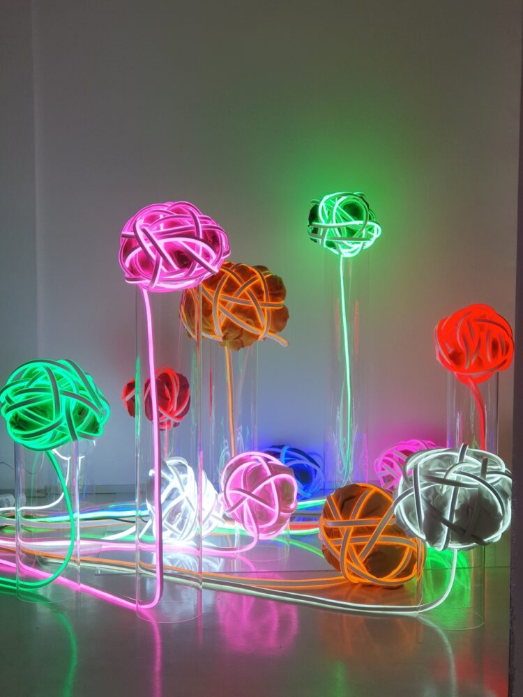 Sabine Barnabò, online, installation, flexible neon tubes, fabric, plexiglass, 2021