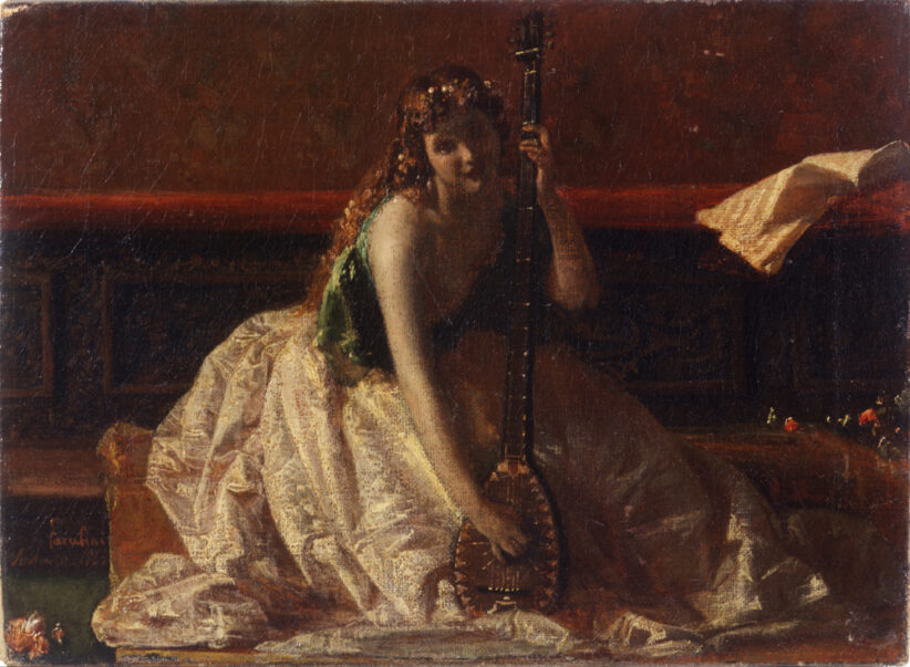 Federico Faruffini, Suonatrice di liuto , 1865, olio su tela, 26 x 35 cm, collezione privata