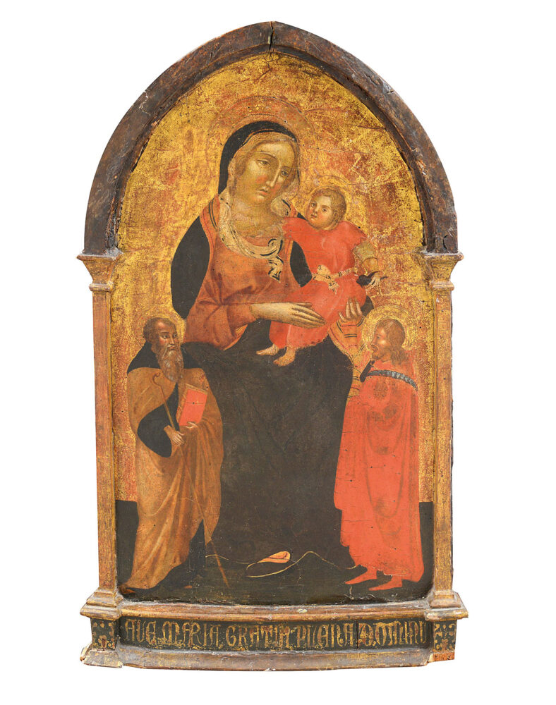 MAESTRO DELLA DORMITIO DI TERNI [attivo 1370 - 1420] (ambito di) Madonna con Bambino e santi Tempera e oro su tavola a ogiva, 87x47 cm