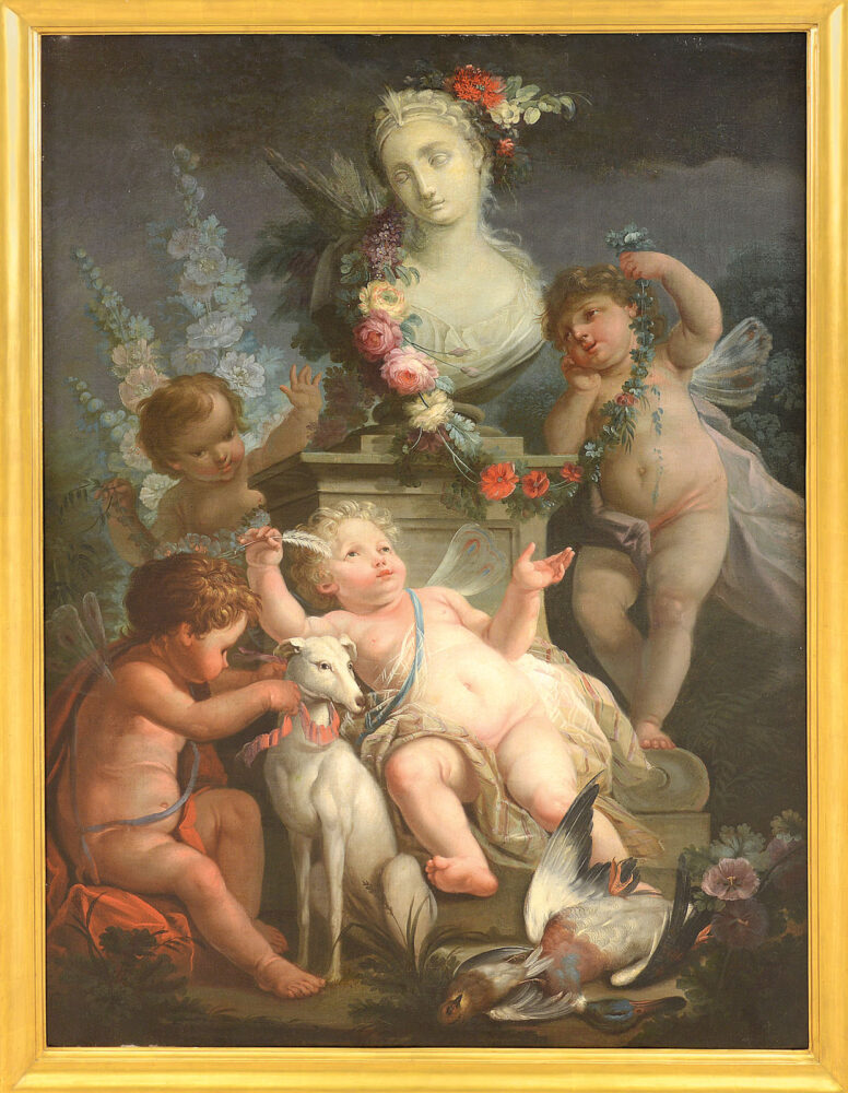 ANGELO VACCA [Torino 1746 - Torino 1814] Putti allegorici con levriero, festoni di fiori e busto femminile Olio su tela, 157x112 cm Il dipinto è uno squisito capolavoro del pittore piemontese Angelo Vacca senior.