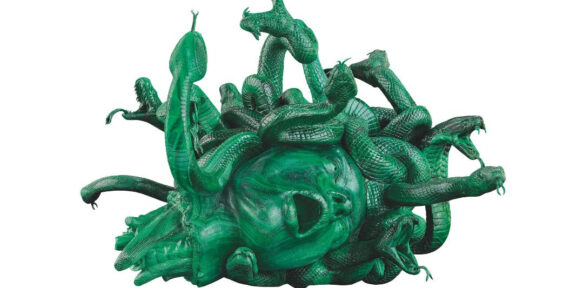 Damien Hirst, The Severed Head of Medusa, 2008. Malachite, 15 x 19.5 x 20.5 inches (380 x 496 x 520 mm). Edition of 3 with 2 artist’s proofs. Private Collector. Photographed by Prudence Cuming Associates Ltd ©Damien Hirst and Science Ltd. All rights reserved, DACS 2021 / SIAE 2021