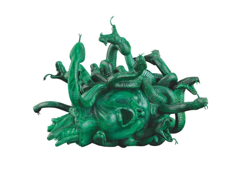 Damien Hirst, The Severed Head of Medusa, 2008. Malachite, 15 x 19.5 x 20.5 inches (380 x 496 x 520 mm). Edition of 3 with 2 artist’s proofs. Private Collector. Photographed by Prudence Cuming Associates Ltd ©Damien Hirst and Science Ltd. All rights reserved, DACS 2021 / SIAE 2021