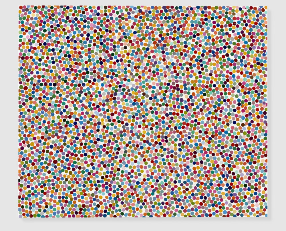 Purple Lagoon, 2016. Household gloss on canvas, 51 x 81 inches (1295 x 2057 mm) (100mm dot). Private Collection. Photographed by Prudence Cuming Associates Ltd ©Damien Hirst and Science Ltd. All rights reserved, DACS 2021 / SIAE 2021