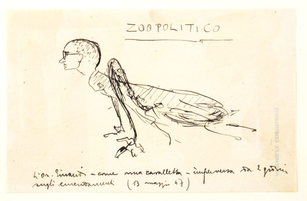 AMINTORE FANFANI ZOOPOLITICO – L’On.Luigi Einaudi come una cavalletta imperversa, sta 2 giorni sugli emendamenti. 13 Maggio 1947 Caricatura a china e matite su carta intestata dell’Assemblea Costituente