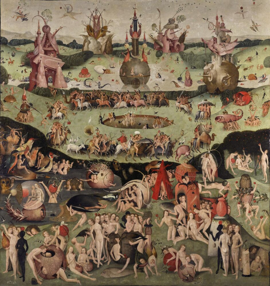 Artista ignoto, Paesi Bassi. Copia del pannello centrale de Il Giardino delle delizie di Hieronymus Bosch, 1500-1560 ca., olio su tavola trasportato su tela. Collezione privata
