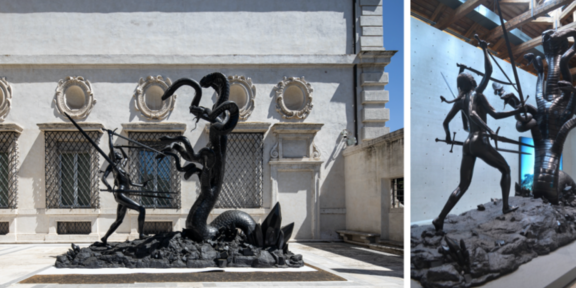 Damien Hirst alla Galleria Borghese, Hydra and Kali [Idra e Kālī], 2015. Bronzo, Collezione privata - Private collection. Ph. by A. Novelli © Galleria Borghese – Ministero della Cultura © Damien Hirst and Science Ltd. All rights reserved DACS 2021-SIAE 2021. A destra la stessa opera esposta nel 2017 a Venezia