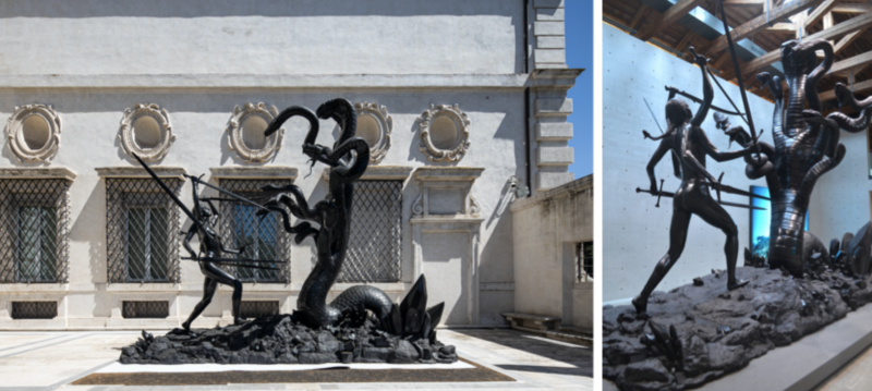 Damien Hirst alla Galleria Borghese, Hydra and Kali [Idra e Kālī], 2015. Bronzo, Collezione privata - Private collection. Ph. by A. Novelli © Galleria Borghese – Ministero della Cultura © Damien Hirst and Science Ltd. All rights reserved DACS 2021-SIAE 2021. A destra la stessa opera esposta nel 2017 a Venezia