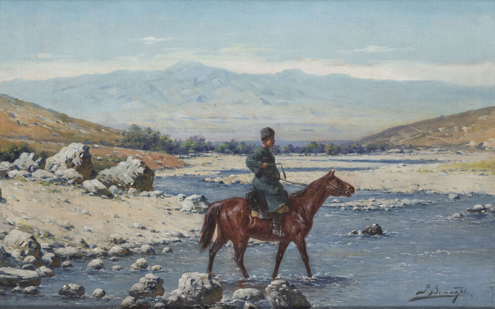 Paesaggio con cosacco a cavallo di Richard Karlovich Zommer (1866 – 1939) (lotto 43, stima 5.000 – 7.000 euro), 