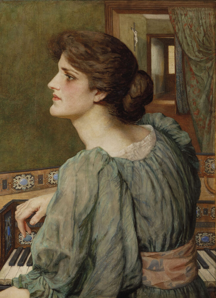 Giovane donna alla spinetta è attribuita a Dante Gabriel Rossetti (Londra, 1828 - Birchington-on-Sea, 1882) (lotto 52, stima 40.000 – 60.000 euro)
