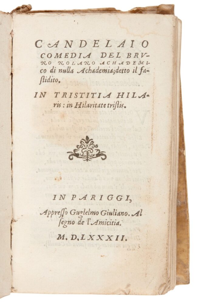Giordano Bruno, Bruno, Candelaio, Paris, 1582, contemporary vellum, first edition